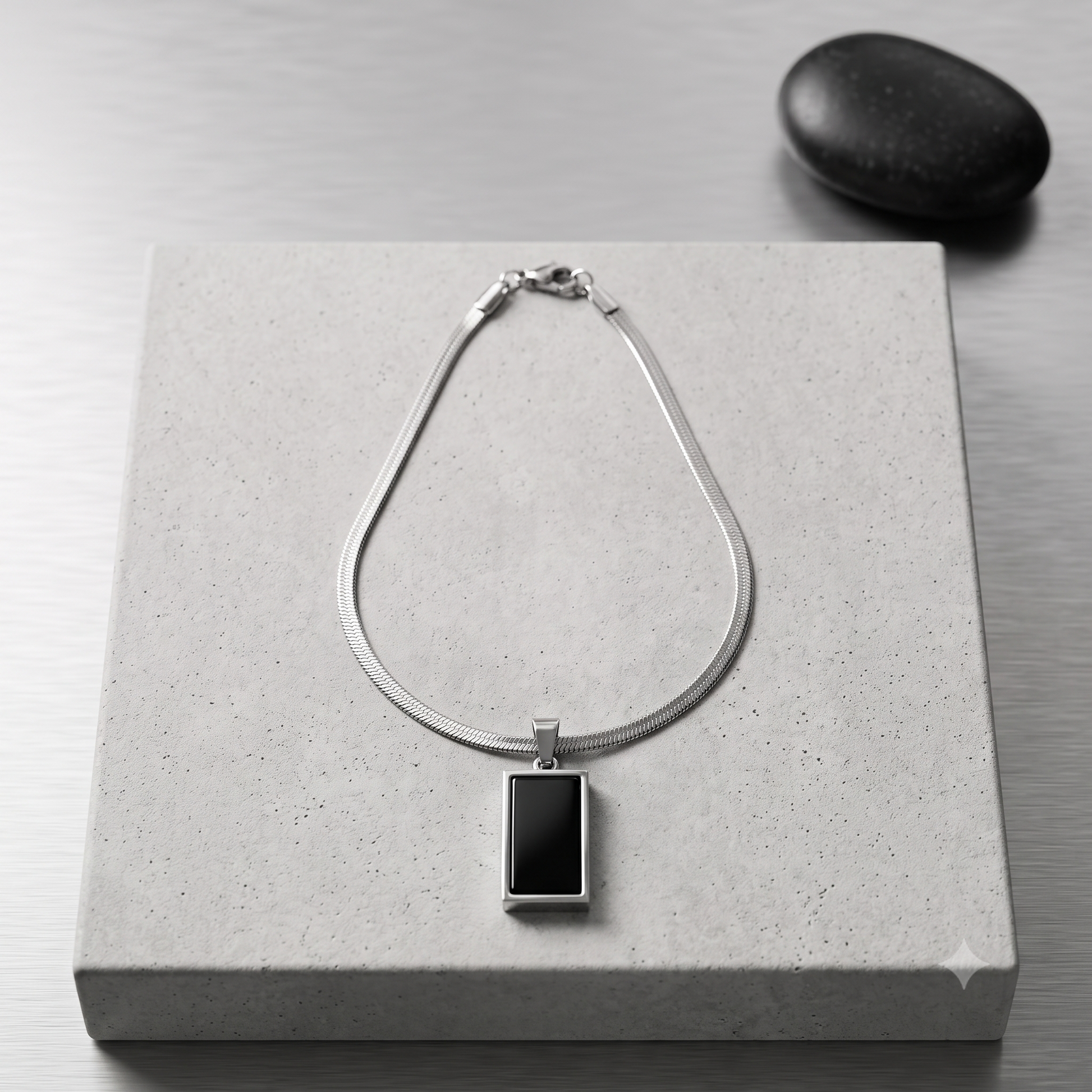 Silver snake chain necklace with rectangular black onyx pendant for men and women