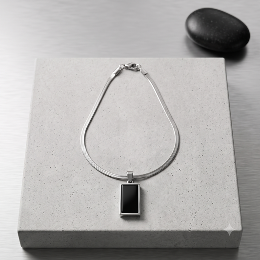 Silver snake chain necklace with rectangular black onyx pendant for men and women